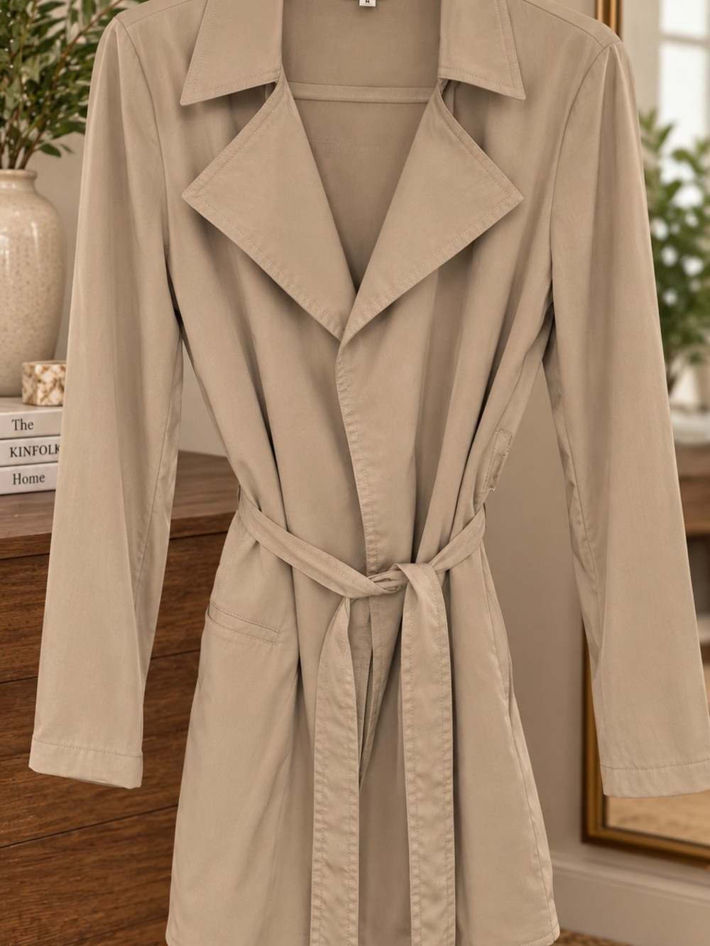 Max Studio Beige Trench Coat with Self Tie Belt